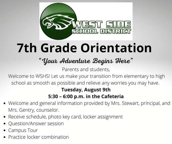7th Grade orientation at 5:30 pm today