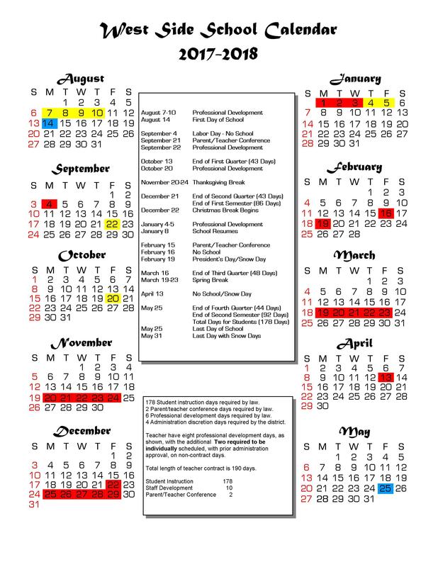 West Side School Calendar for 2017-18